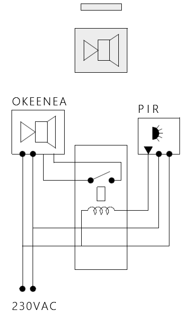2D-bild av ljudfyren: högtalarenhet, elsymbol och kopplingsschema.